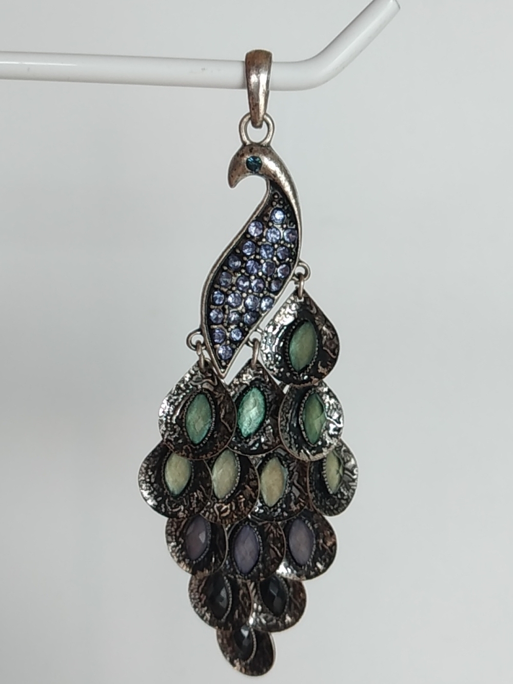 Silver Tone Peacock Pendant with Blue and Green Stones